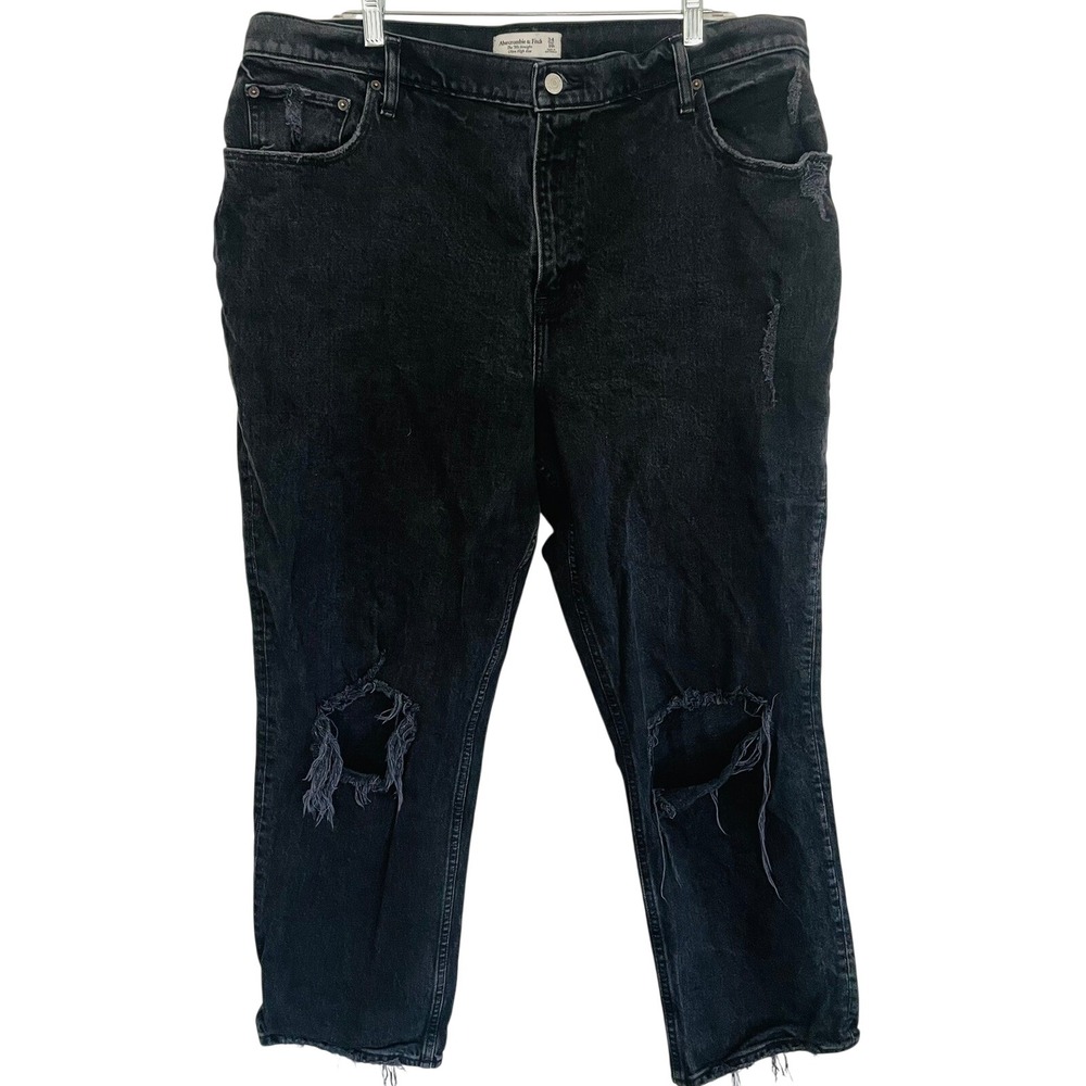 A&F 90s Straight Ultra High Rise Distressed Blk Jeans Women 34‎ Short Curve Love